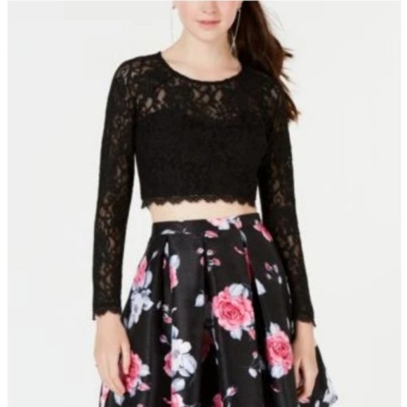 Sequin Hearts Tops - Sequin Hearts Black Sparkly Lace Crop Top
